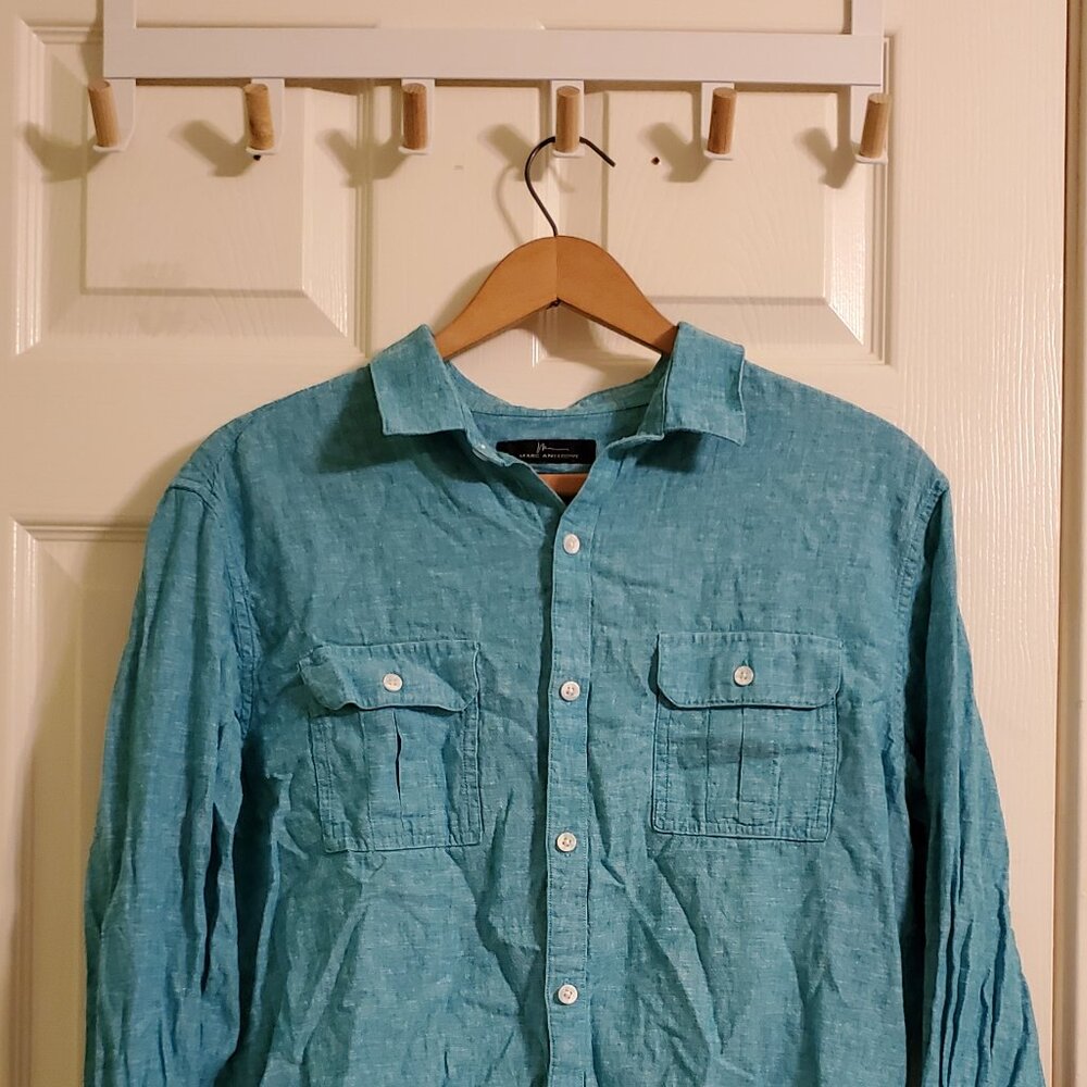 Marc Anthony Linen Blend Slim Fit Button-Up Shirt Teal/Turquoise Size L